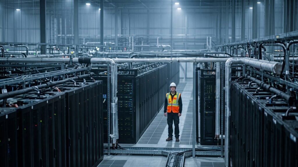 Technicus in een groot datacenter met rijen serverracks en koelbuizen