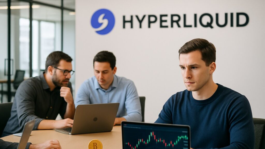 Modern kantoor met het Hyperliquid-logo op de wand en ontwikkelaars die samen aan een tafel werken