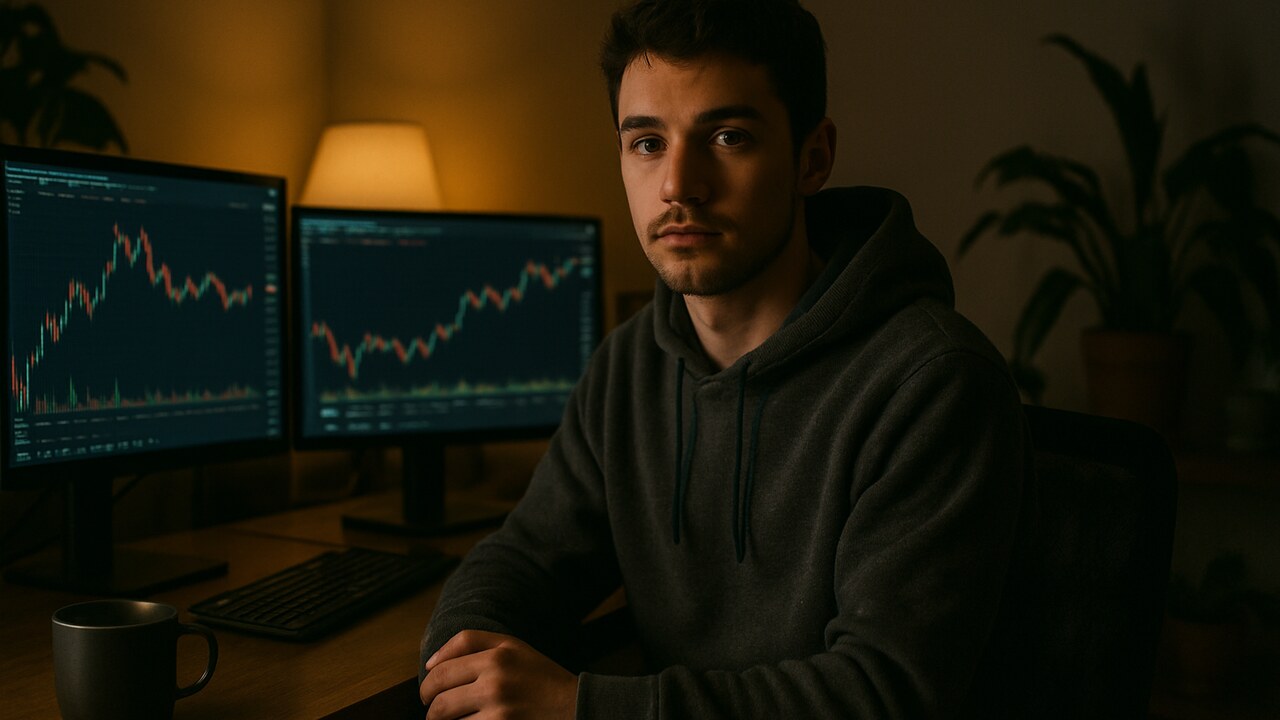 Jonge trader kijkt naar de camera achter twee beeldschermen in een huiskantoor