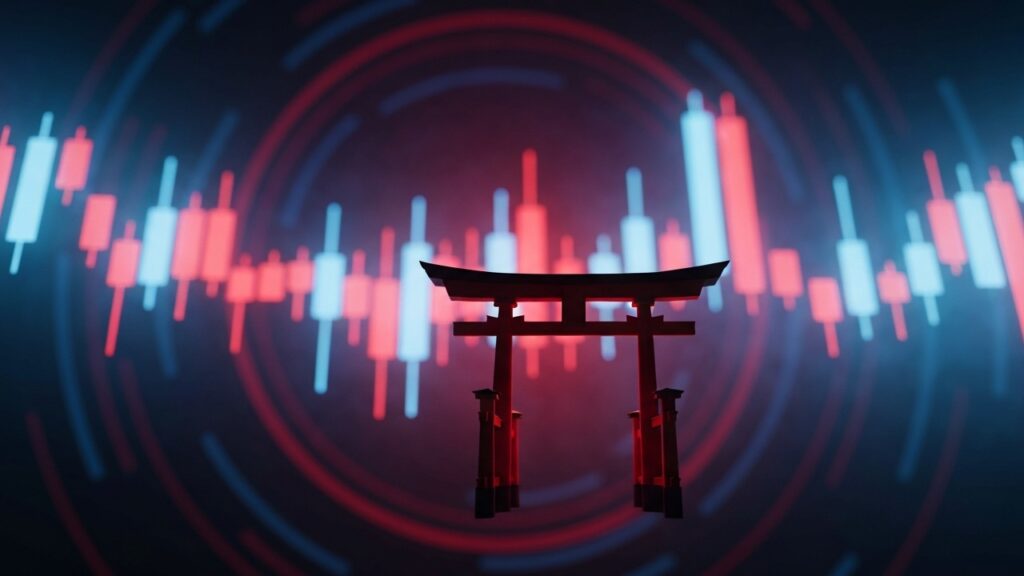 Rode Japanse torii-poort voor blauw-rode koerscandles, symbool voor Japans monetair beleid en de markten