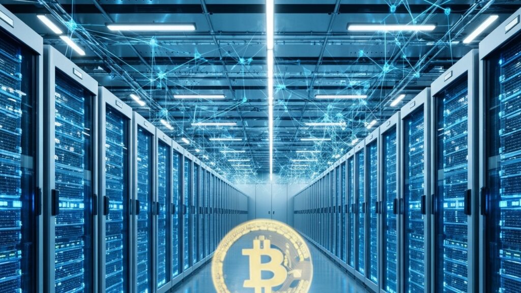 Datacenter met blauwe serverrijen en een bitcoin-symbool, symbool voor de draai van bitcoin-miners naar AI