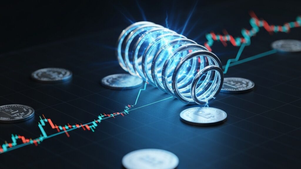 Samengedrukte blauwe energieveer boven een handelsscherm, symbool voor opgebouwde spanning in de XRP-koers