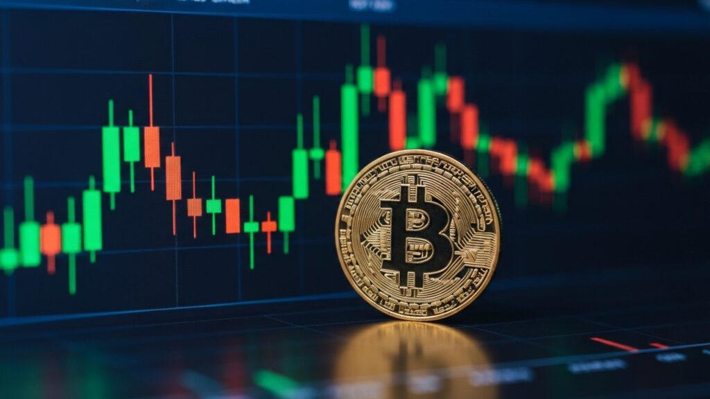 Gouden bitcoin-munt voor een groen-rode koersgrafiek, symbool voor de geldstromen in bitcoin-ETF's