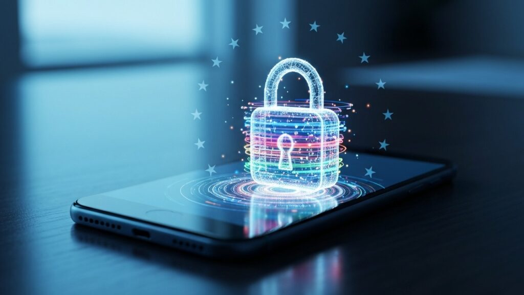 Smartphone met een oplichtend hangslot en Europese sterren, symbool voor digitale privacy en encryptie