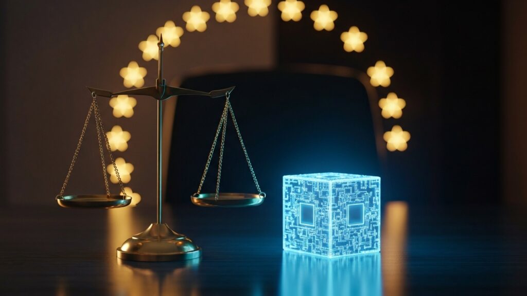 Weegschaal van justitie naast een blauw oplichtende blockchain-kubus met Europese sterren, symbool voor MiCA-regulering
