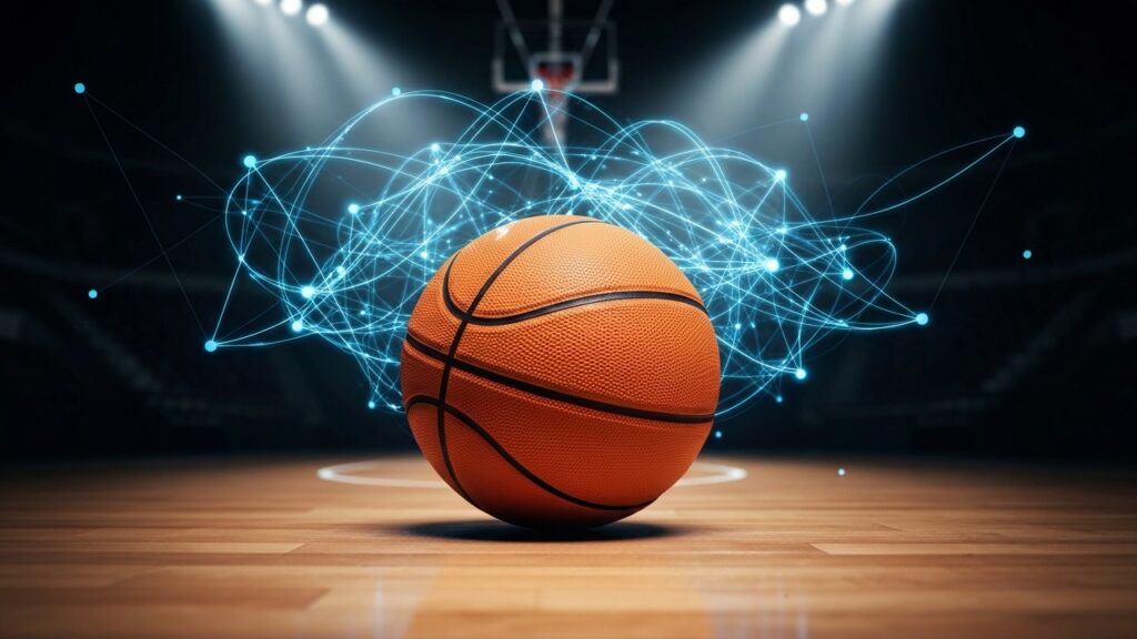 Basketbal op een verlichte sportvloer met blauwe digitale netwerklijnen, symbool voor de Ripple-sponsordeal met Kansas