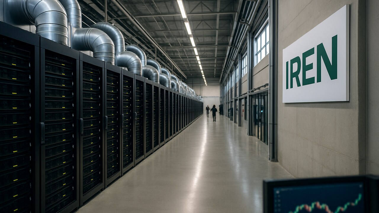 Datacenter met serverrijen en het IREN-logo op de muur, symbool voor de overstap van Bitcoin-mining naar AI-rekencapaciteit