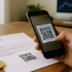 Officiele ogende IRS-brief met QR-code op een keukentafel naast een smartphone die op het punt staat te scannen