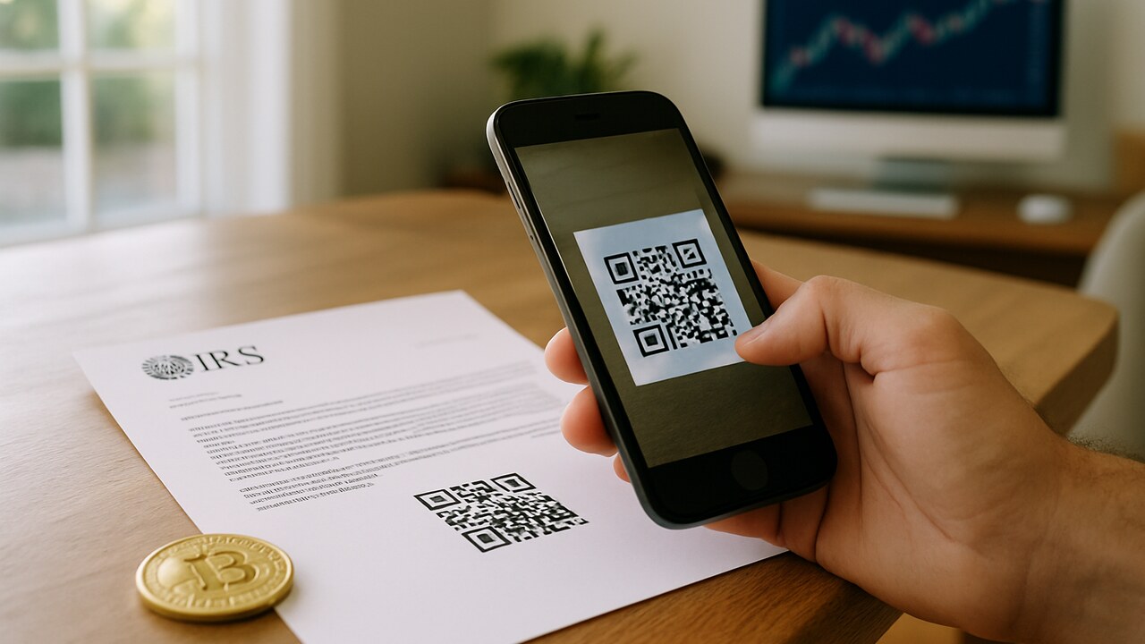 Officiele ogende IRS-brief met QR-code op een keukentafel naast een smartphone die op het punt staat te scannen