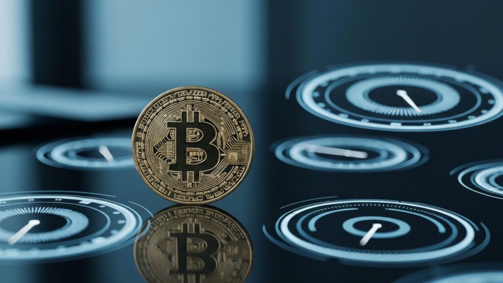 Gouden bitcoin-munt tussen abstracte blauwe meters en dashboards, symbool voor marktsignalen rond bitcoin