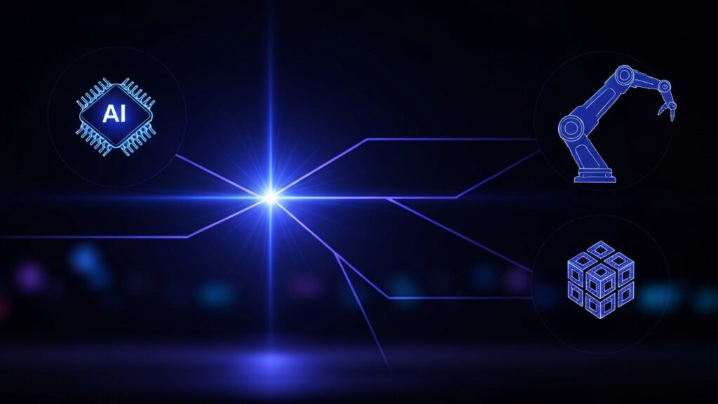 Oplichtend netwerk dat vertakt naar een AI-chip, robotarm en blockchain-kubus, symbool voor het brede AI-fonds van Paradigm