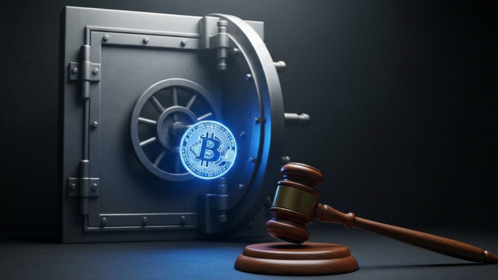 Bankkluis met een oplichtende bitcoin en een houten rechtershamer, symbool voor de juridische strijd rond Operation Choke Point