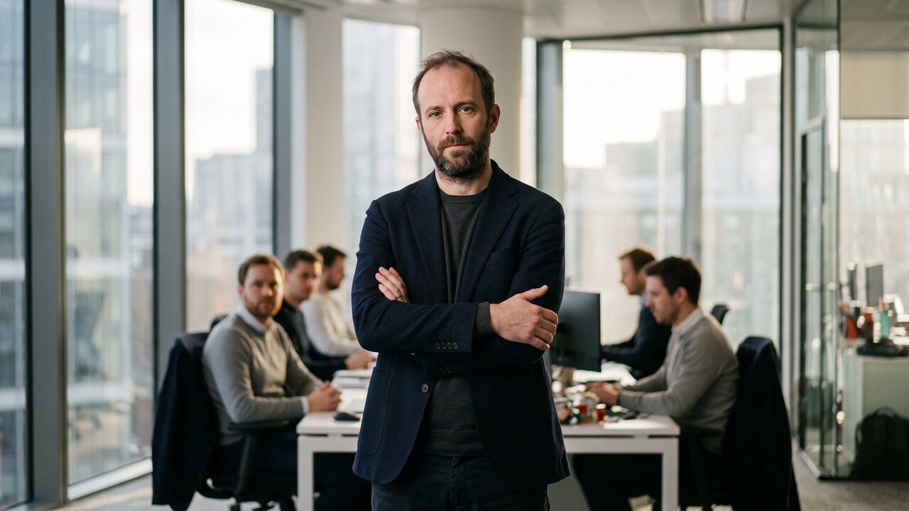 Een oprichter kijkt peinzend in de camera in een modern kantoor van een fintechbedrijf
