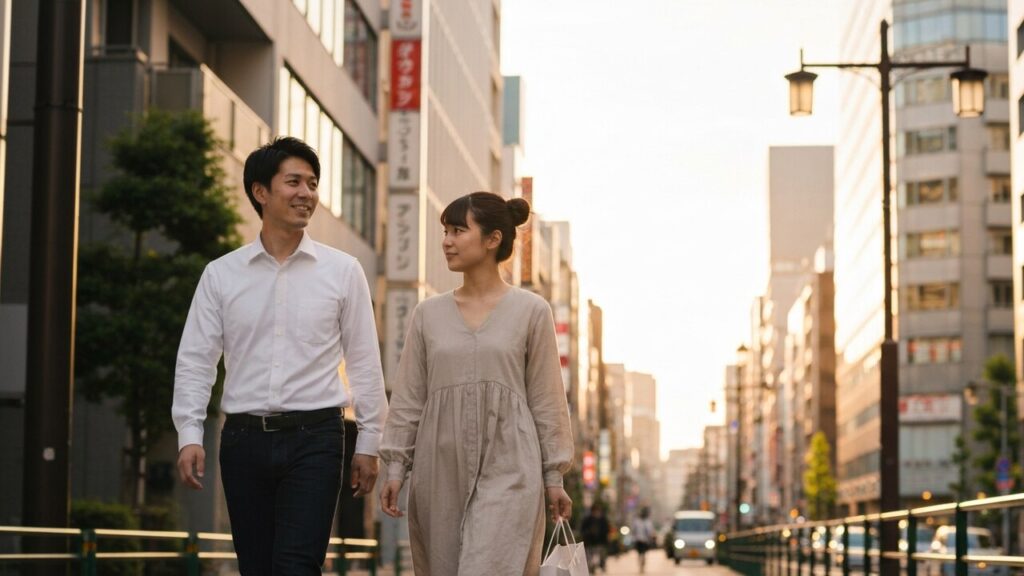 Rustige straat in Tokio bij schemering met verlichte woningen, symbool voor Japanse spaarders en beleggingskeuzes