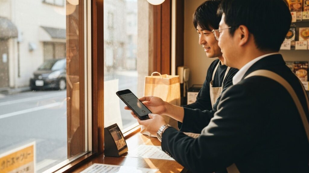 Klant betaalt met smartphone aan de toonbank van een winkel in Tokio terwijl de verkoper een tas aangeeft