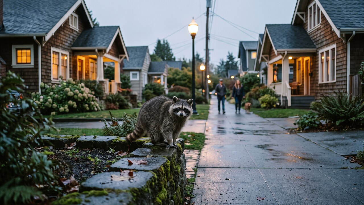 Een nieuwsgierige wasbeer op een muurtje in een woonstraat in Seattle die richting de camera kijkt