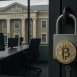 Gesloten kantoor van een failliet cryptoplatform met een gerechtsgebouw op de achtergrond