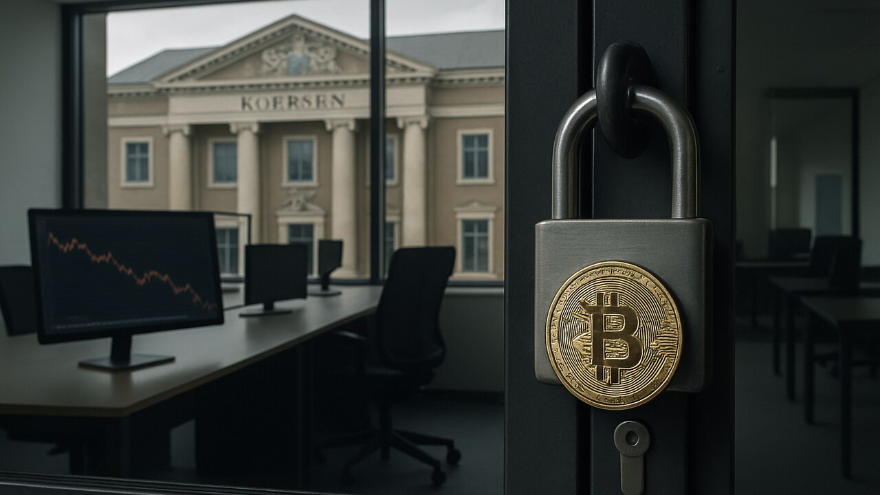 Gesloten kantoor van een failliet cryptoplatform met een gerechtsgebouw op de achtergrond