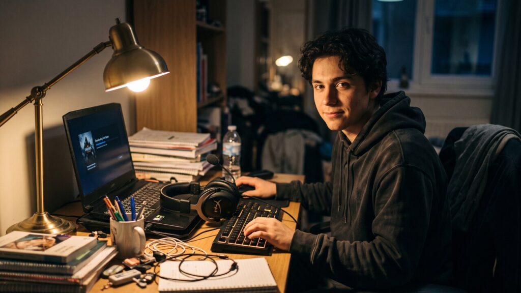 Jonge gamer installeert een gratis spel op een laptop aan een rommelig bureau in een schemerige kamer