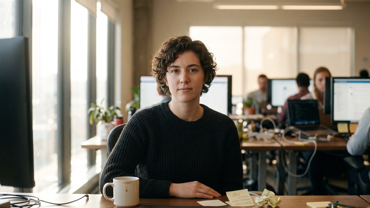 Een ontwikkelaar kijkt naar de camera aan een bureau in een tech-kantoor met meerdere schermen op de achtergrond