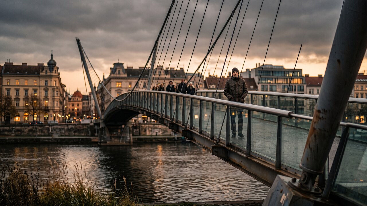 Anoniem persoon op een moderne stalen brug over een rivier in de schemering, als beeld bij de discussie over crypto-bruggen