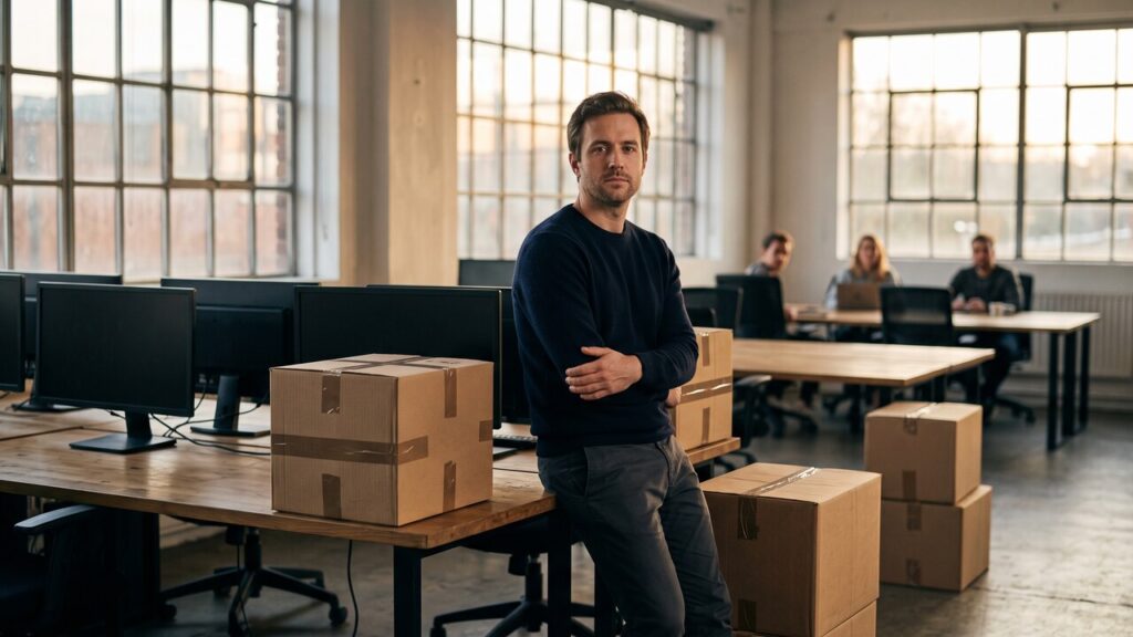 Medewerker in een half leeggeruimd startup-kantoor met verhuisdozen kijkt richting de camera