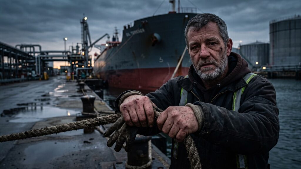 Havenarbeider met touw bij een olieterminal, tanker op de achtergrond