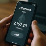Handen houden een smartphone vast met een Ethereum-wallet en een stablecoinsaldo op het scherm