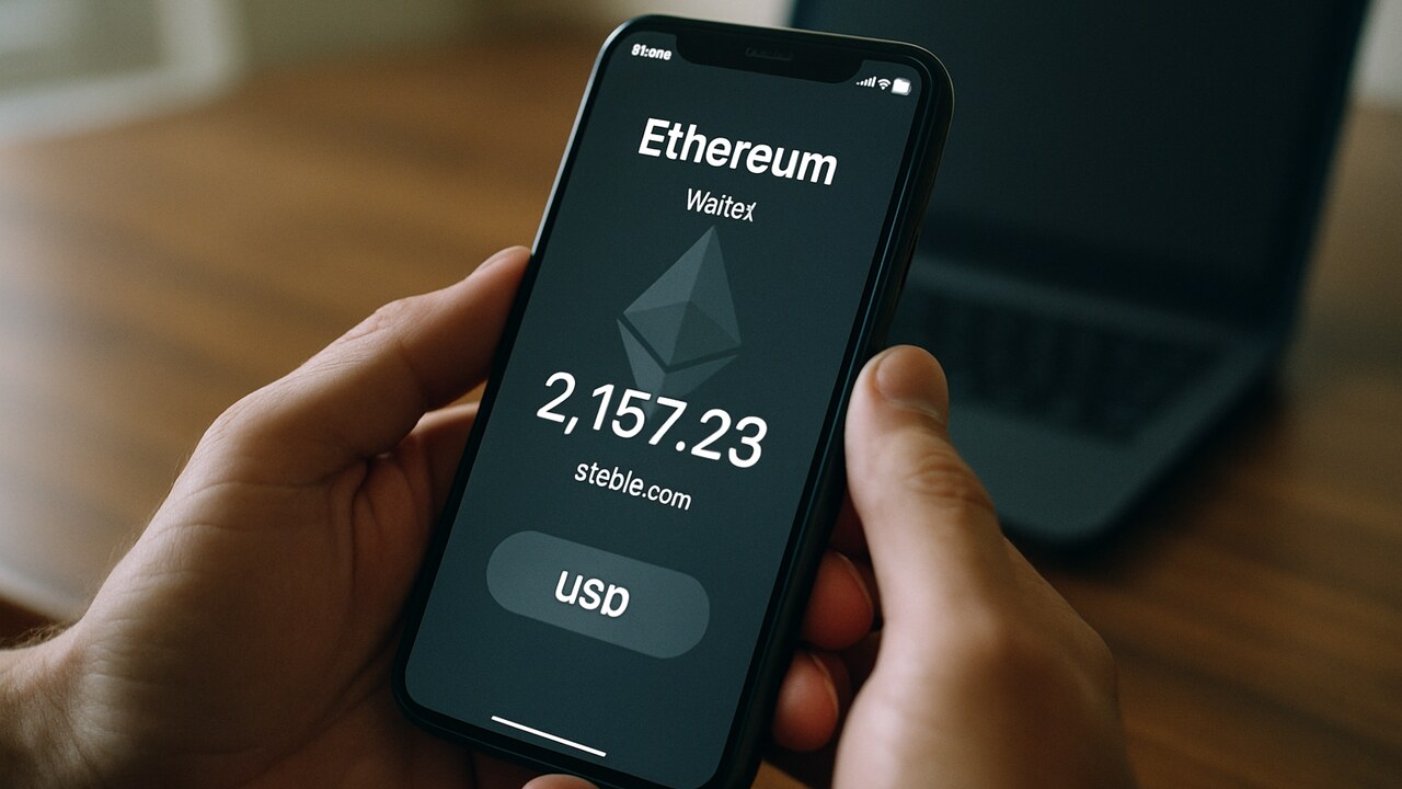 Handen houden een smartphone vast met een Ethereum-wallet en een stablecoinsaldo op het scherm