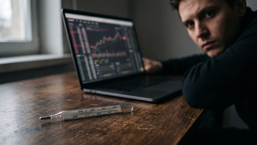 Een thermometer naast een laptop op een bureau, symbool voor de gemanipuleerde prijsvoeding bij de Ostium-hack