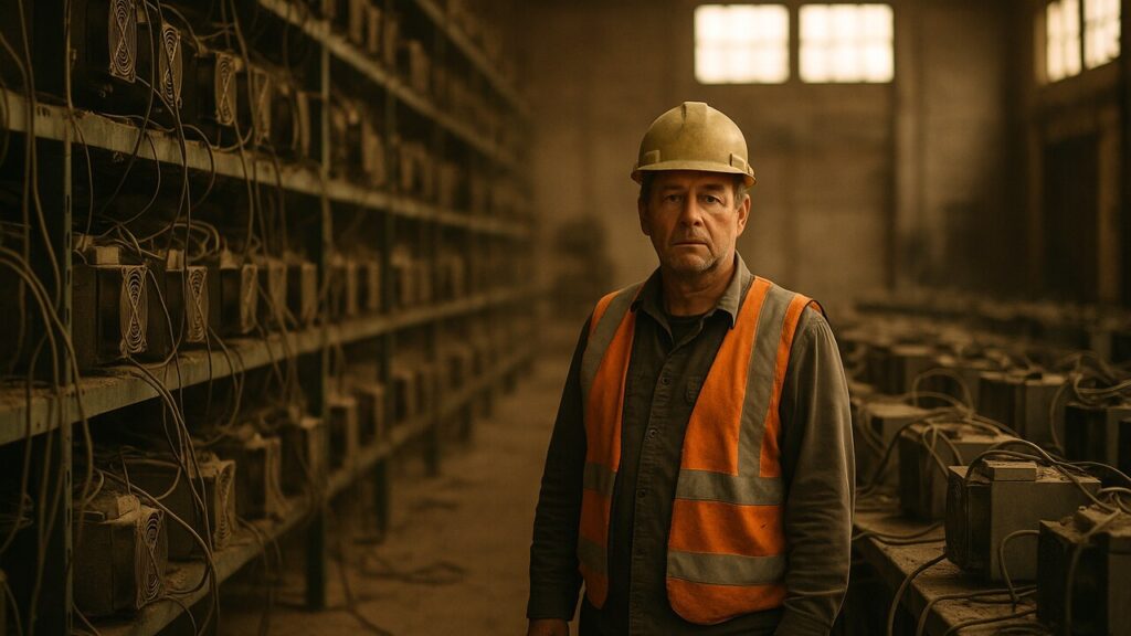 Verlaten Bitcoin-mijnloods in Texas met stilstaande mining-machines en een onderhoudsmedewerker