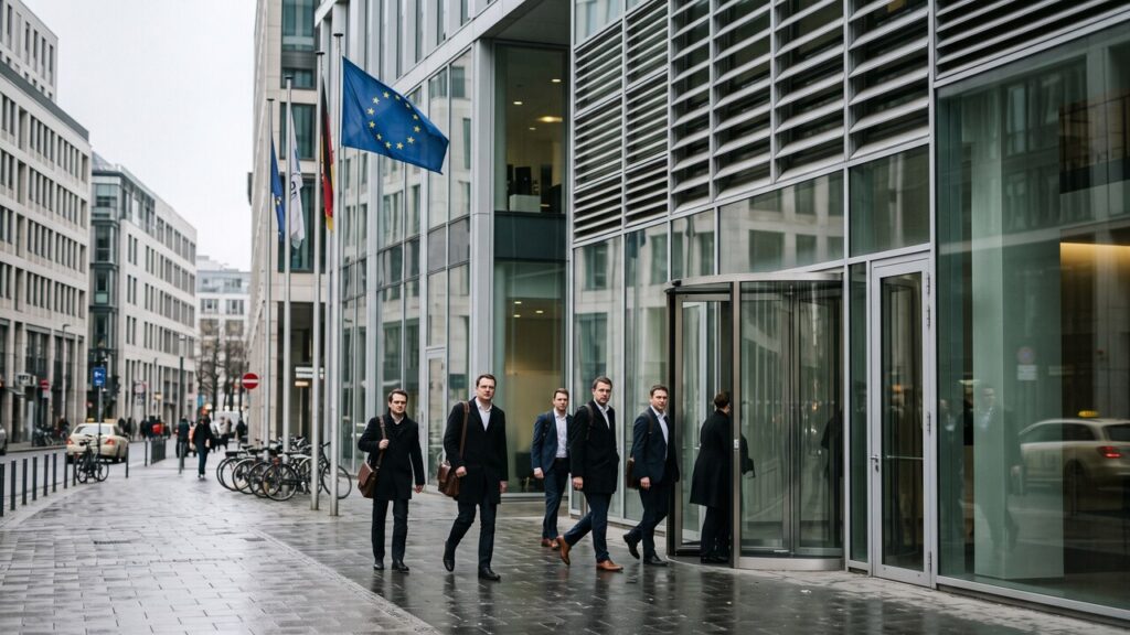 Modern glazen kantoorgebouw van een betaalbedrijf in een Europese zakenwijk met een EU-vlag ervoor