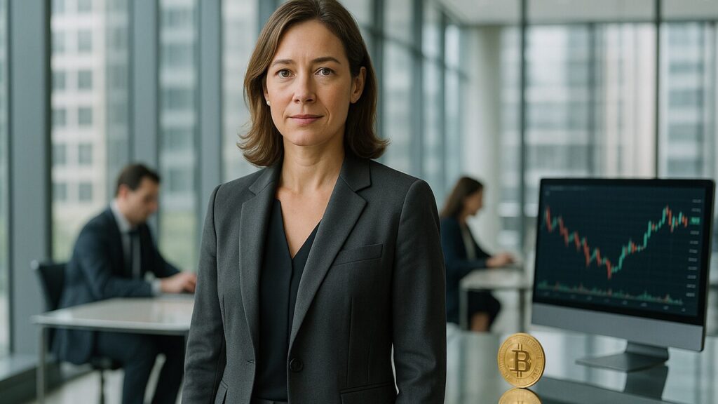 Zakelijke vrouw in een licht en modern bankkantoor kijkt richting de camera, symbool voor institutionele adoptie van RLUSD.
