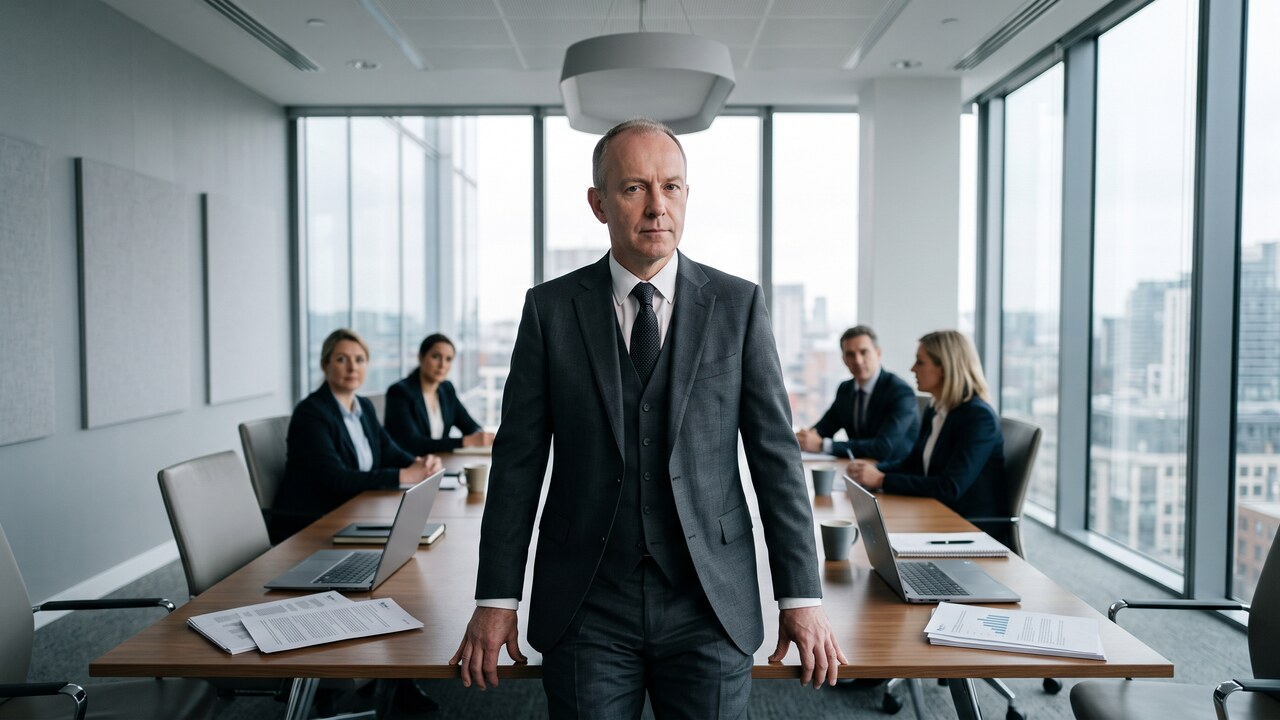 Anonieme financieel manager in een modern kantoor met vergadertafel, kijkend naar de camera