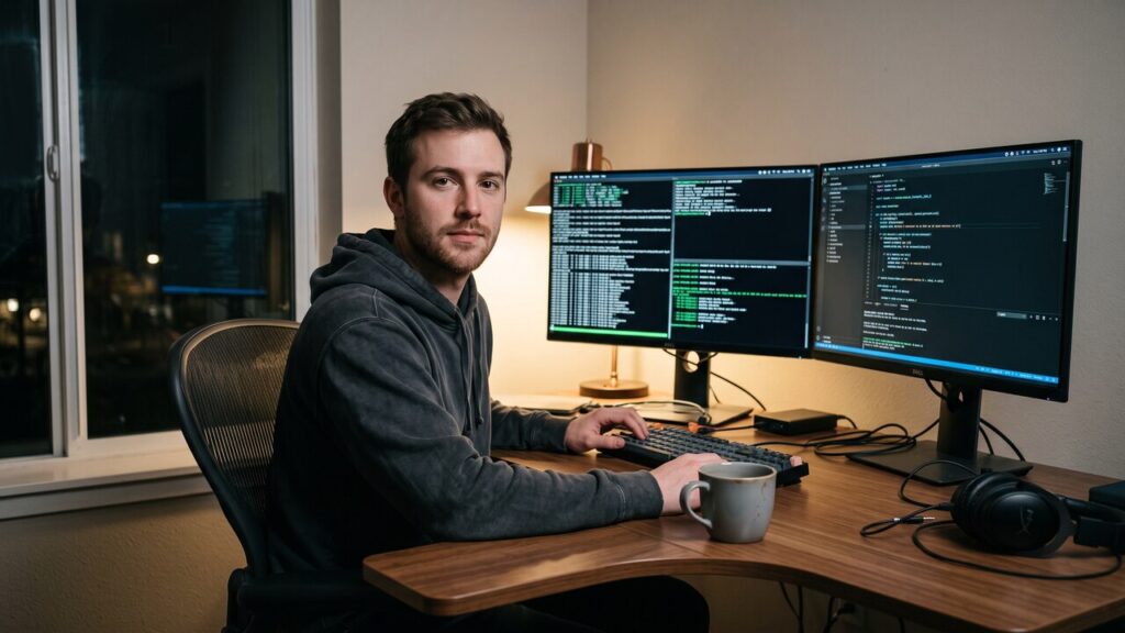 Anonieme ontwikkelaar achter twee schermen met programmeercode in een donker thuiskantoor