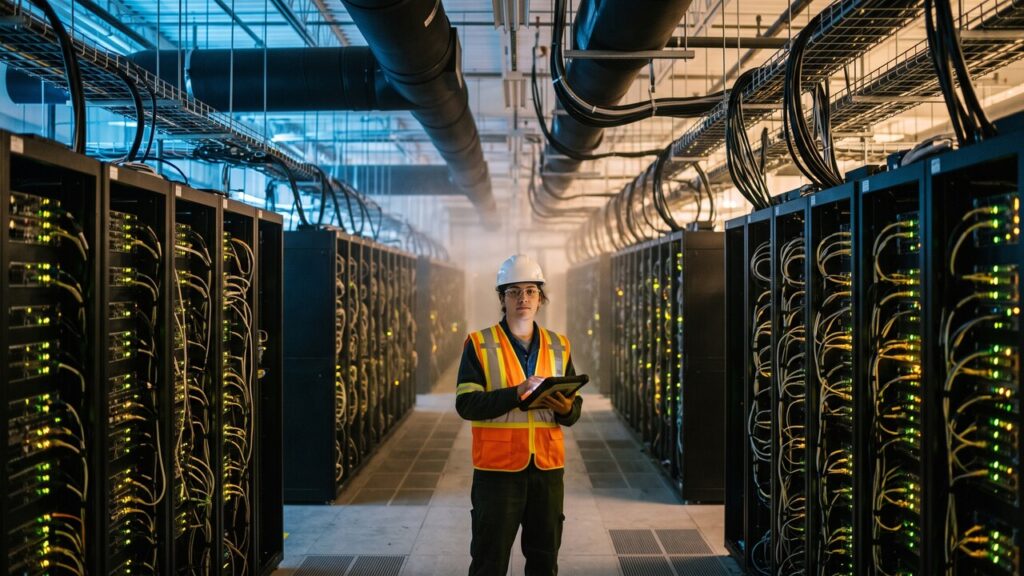 Een technicus in een groot datacenter met lange rijen serverracks, symbool voor het debat over de Bitcoin-blockchain