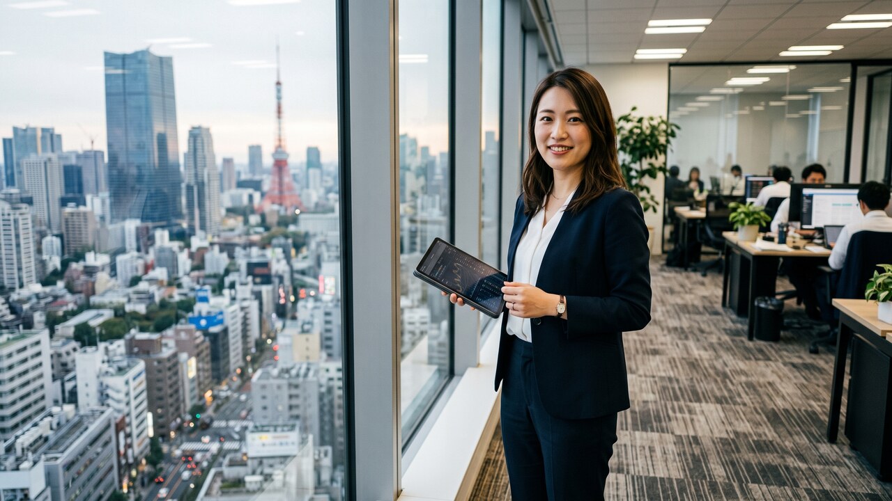 Financieel analist in een kantoor in Tokio kijkt richting de camera met de skyline op de achtergrond