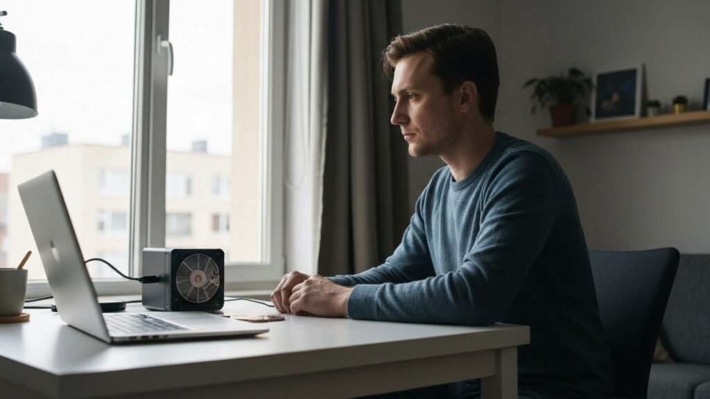 Iemand thuis achter een bureau met een klein Bitcoin-mijnapparaat naast een laptop