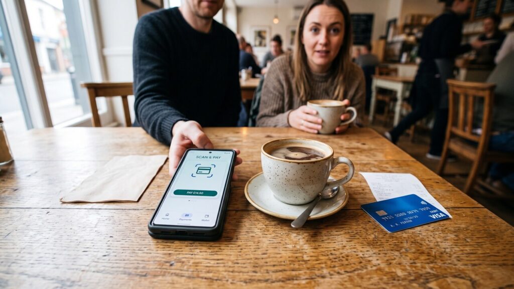 Smartphone met een betaal-app op een cafétafel naast een kopje koffie en een betaalkaart