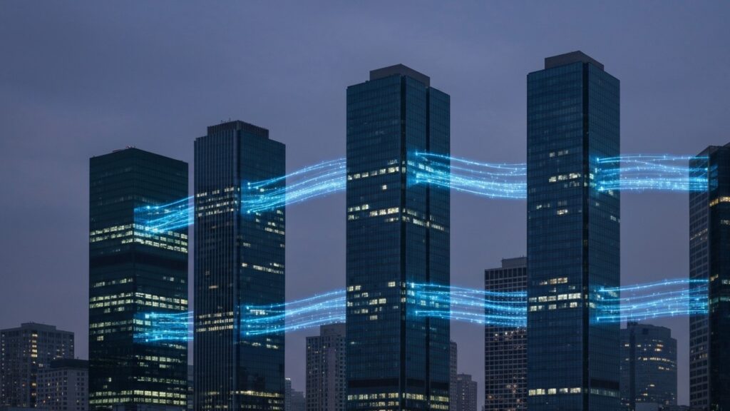 Verlichte bankwolkenkrabbers in de avond met blauwe digitale lichtstromen die tussen de torens vloeien, symbool voor een wereldwijd betalingsnetwerk.