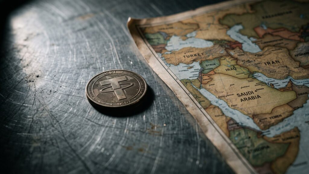 Symbolische stablecoin-munt op een stalen ondergrond naast een wereldkaart met het Midden-Oosten, wat de bevriezing van tegoeden verbeeldt