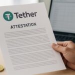 Hand met een gedrukt Tether-reserverapport op een bureau met USDT-logo