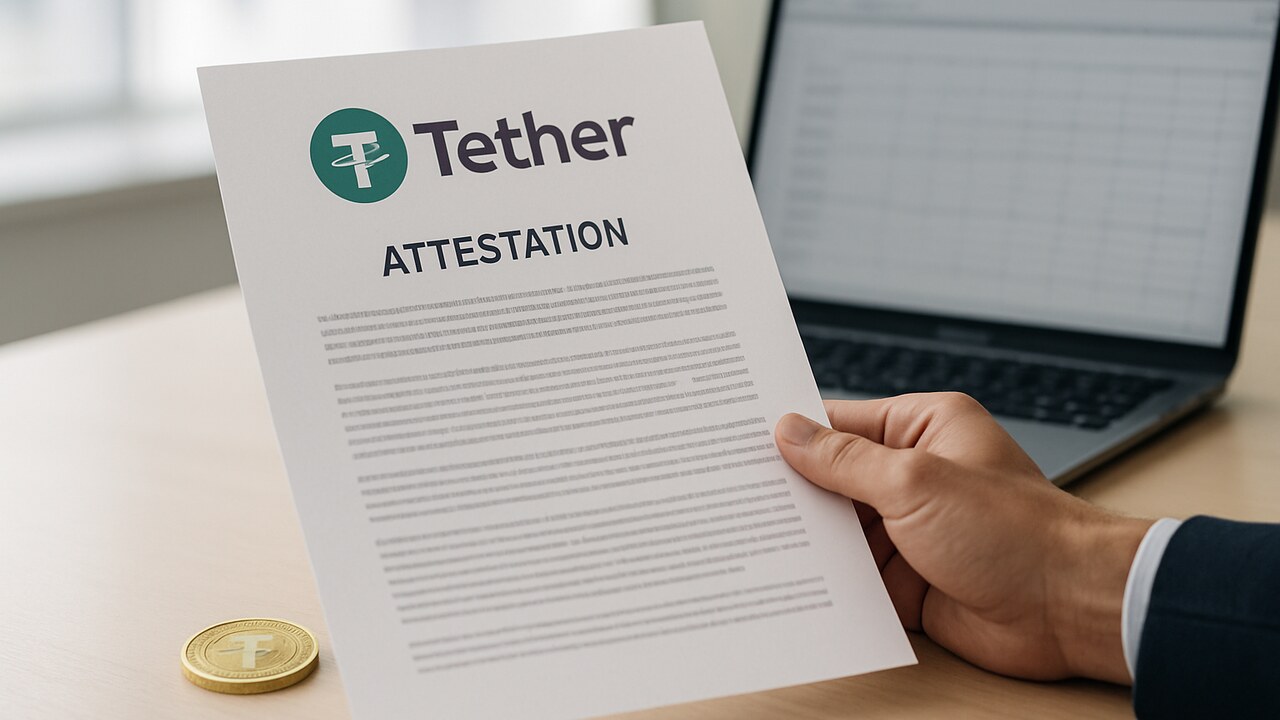 Hand met een gedrukt Tether-reserverapport op een bureau met USDT-logo
