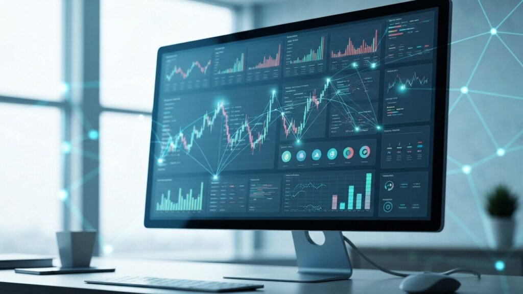 Modern beeldscherm met een financieel datadashboard en gloeiende netwerklijnen die digitale kapitaalstromen verbeelden