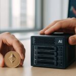 Handen bij een Ethereum-munt naast servertechniek die de link tussen AI en crypto verbeeldt