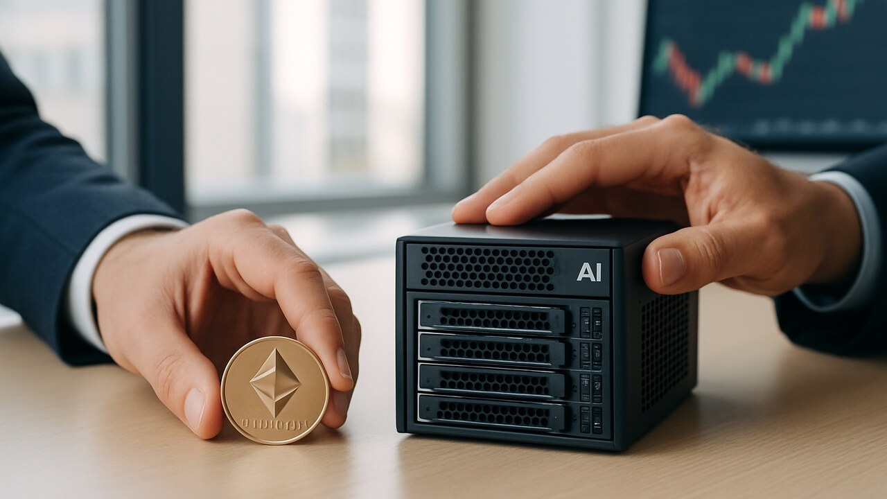 Handen bij een Ethereum-munt naast servertechniek die de link tussen AI en crypto verbeeldt