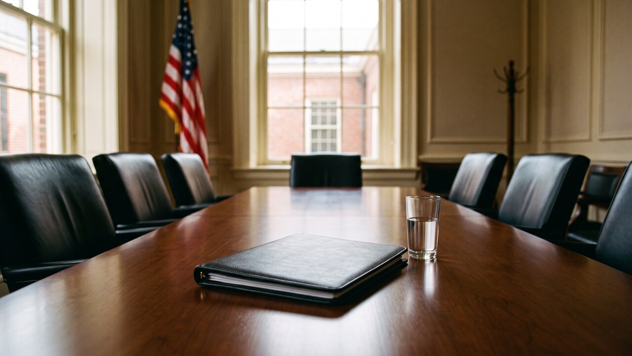 Formele vergaderzaal in een overheidsgebouw met een tafel, een dichtgeslagen dossiermap en een Amerikaanse vlag op de achtergrond