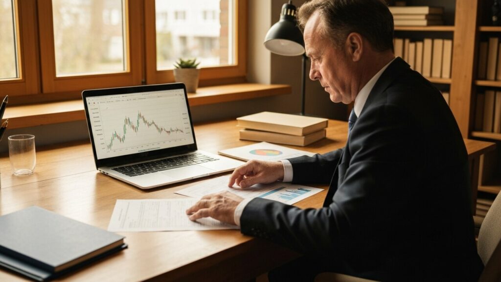 Een man in pak bekijkt financiële documenten en beursgrafieken op een laptop aan een bureau