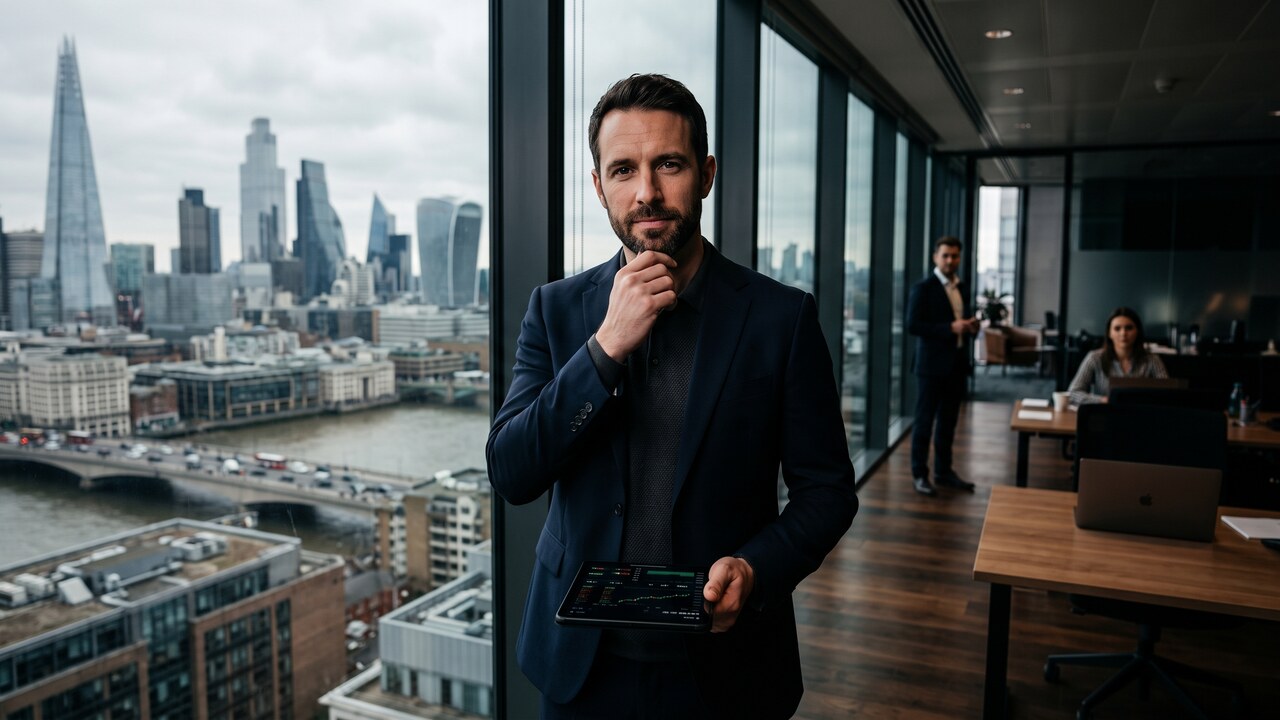 Anonieme financiële professional in een Londens kantoor kijkt naar de camera met een tablet in de hand