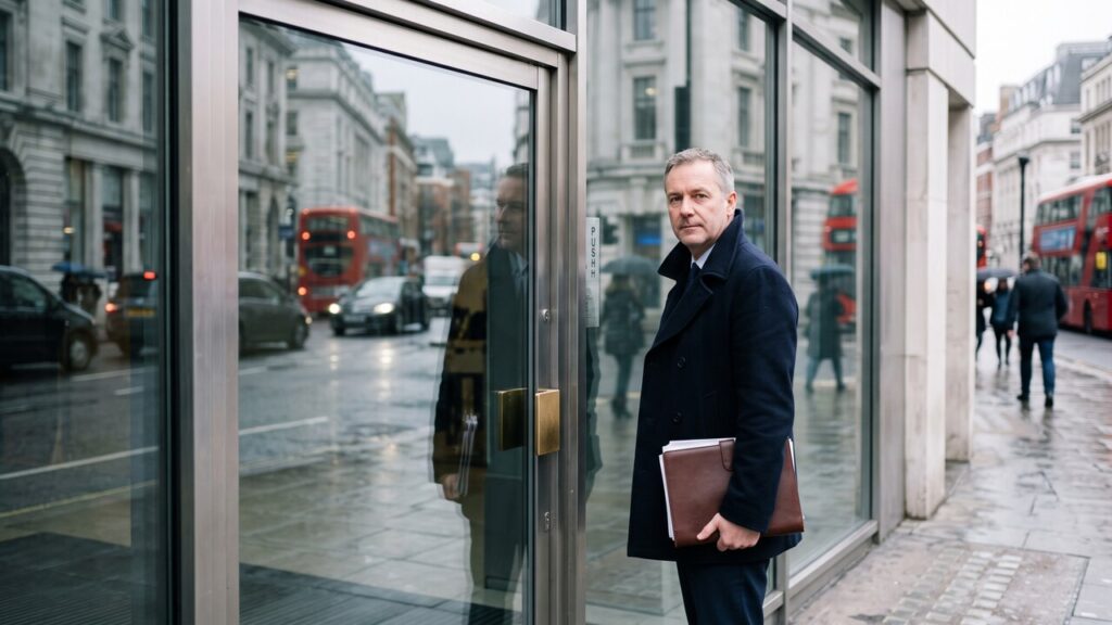 Ondernemer met een map papieren staat voor de dichte glazen deur van een bank in Londen